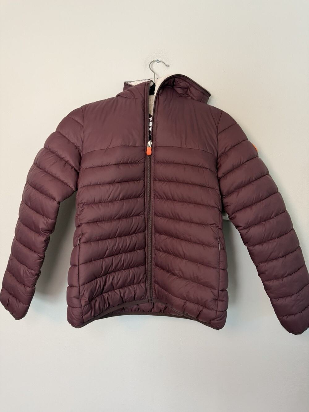 Save the Duck Kids fleece Lined Full Zip Hooded Jacket 12 Burgundy Puffer NWT
